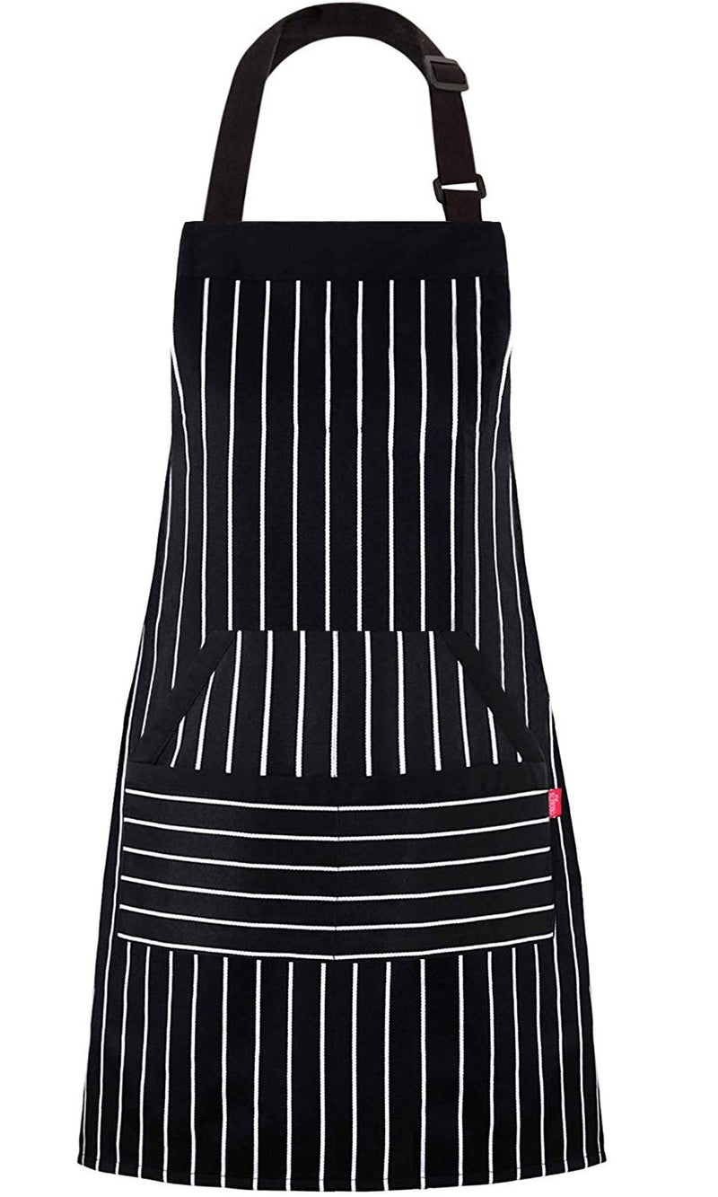ALIPOBO Kitchen Cooking Apron for Women and Men, Adjustable Chef Bib Apron with Pockets - 32" x 28" - Black/White Pinstripe- 1 Pcs - Image 1